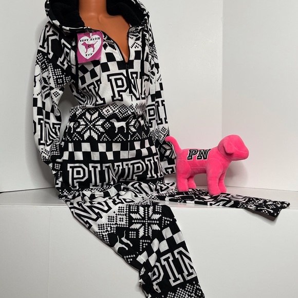 Victoria’s Secret PINK M Logo Sherpa Onesie Pajamas Super Soft Plush Zip Up - Picture 2 of 2